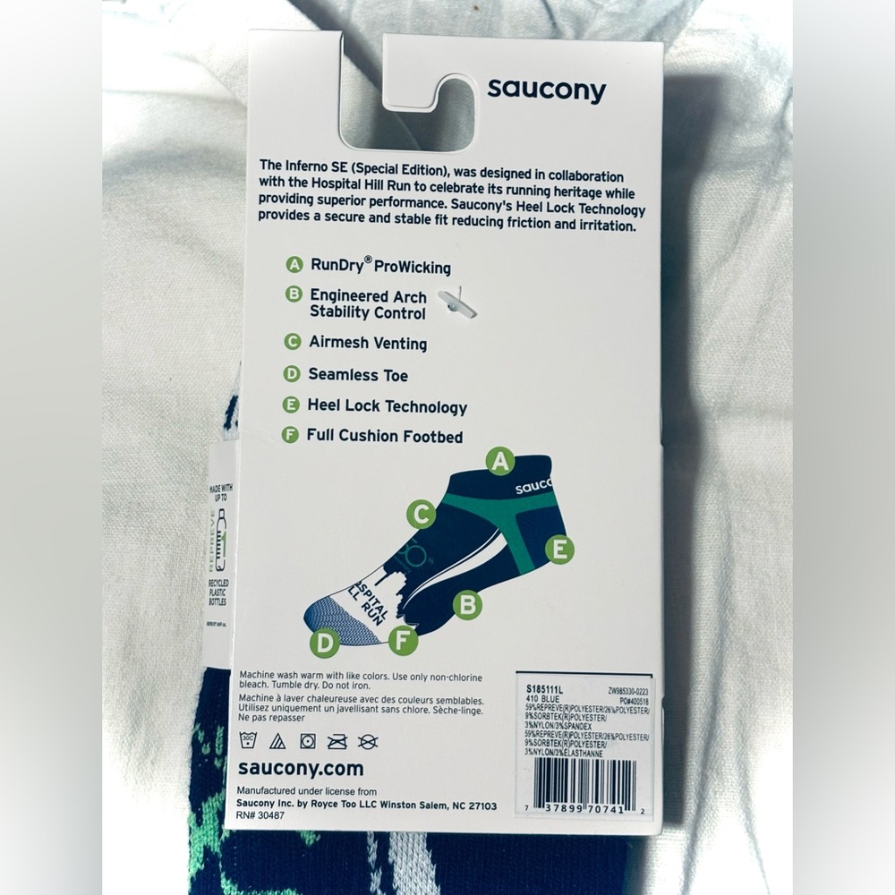 Saucony INFERNO SE Athletic Socks Blue White Green Cushioned Arch Support L - Picture 3 of 4